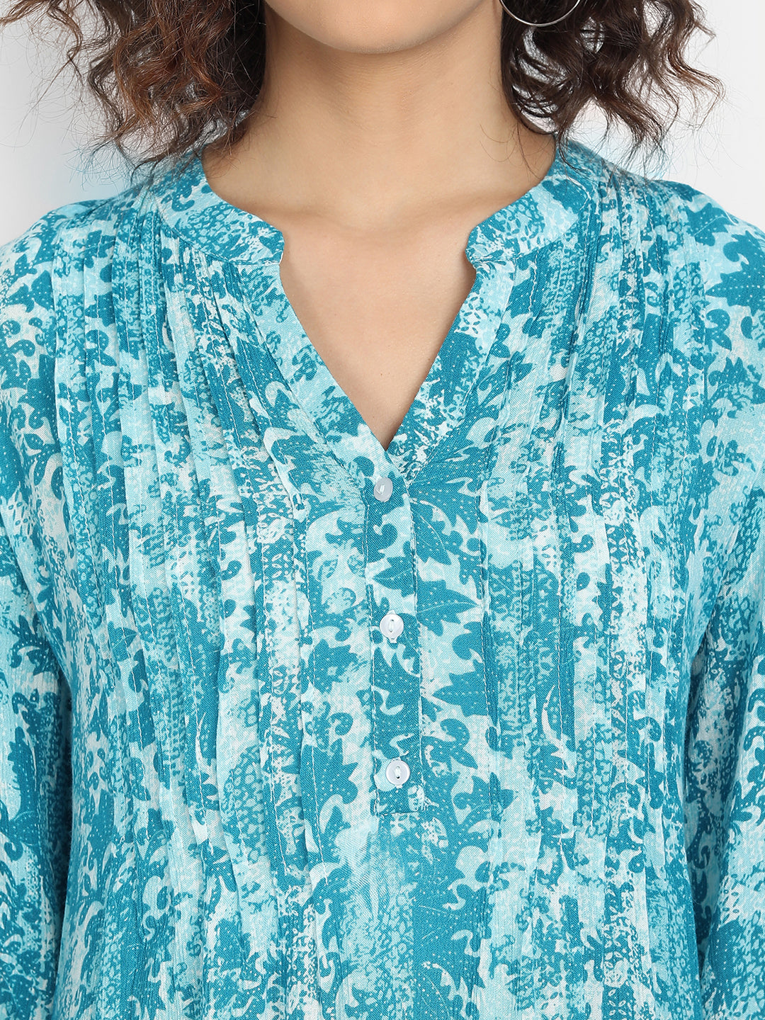 Woman Turquoise Blue Printed Longline Top