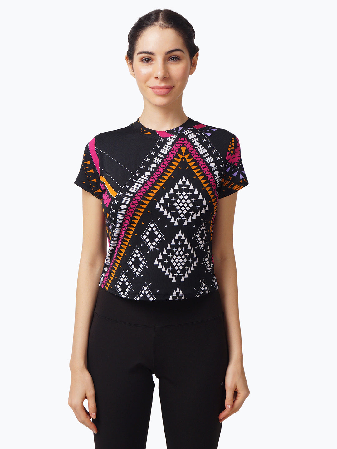 Womens Black Geometric Print Slim Fit Polyester Crop Top