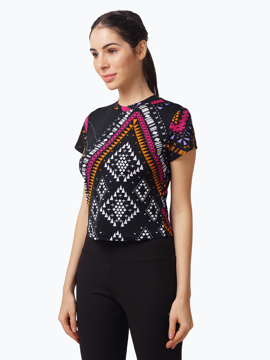 Womens Black Geometric Print Slim Fit Polyester Crop Top