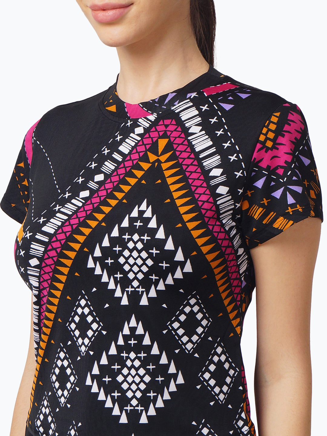 Womens Black Geometric Print Slim Fit Polyester Crop Top