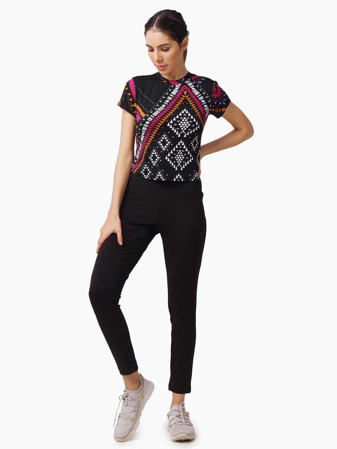 Womens Black Geometric Print Slim Fit Polyester Crop Top