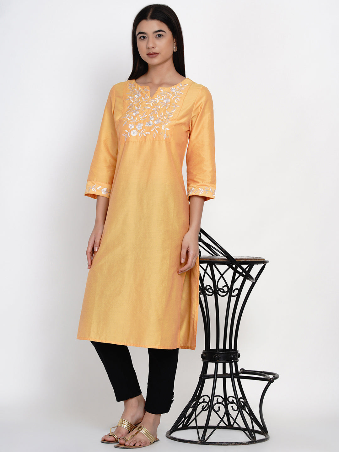 9 Impression Woman Yellow Embroidered kurta