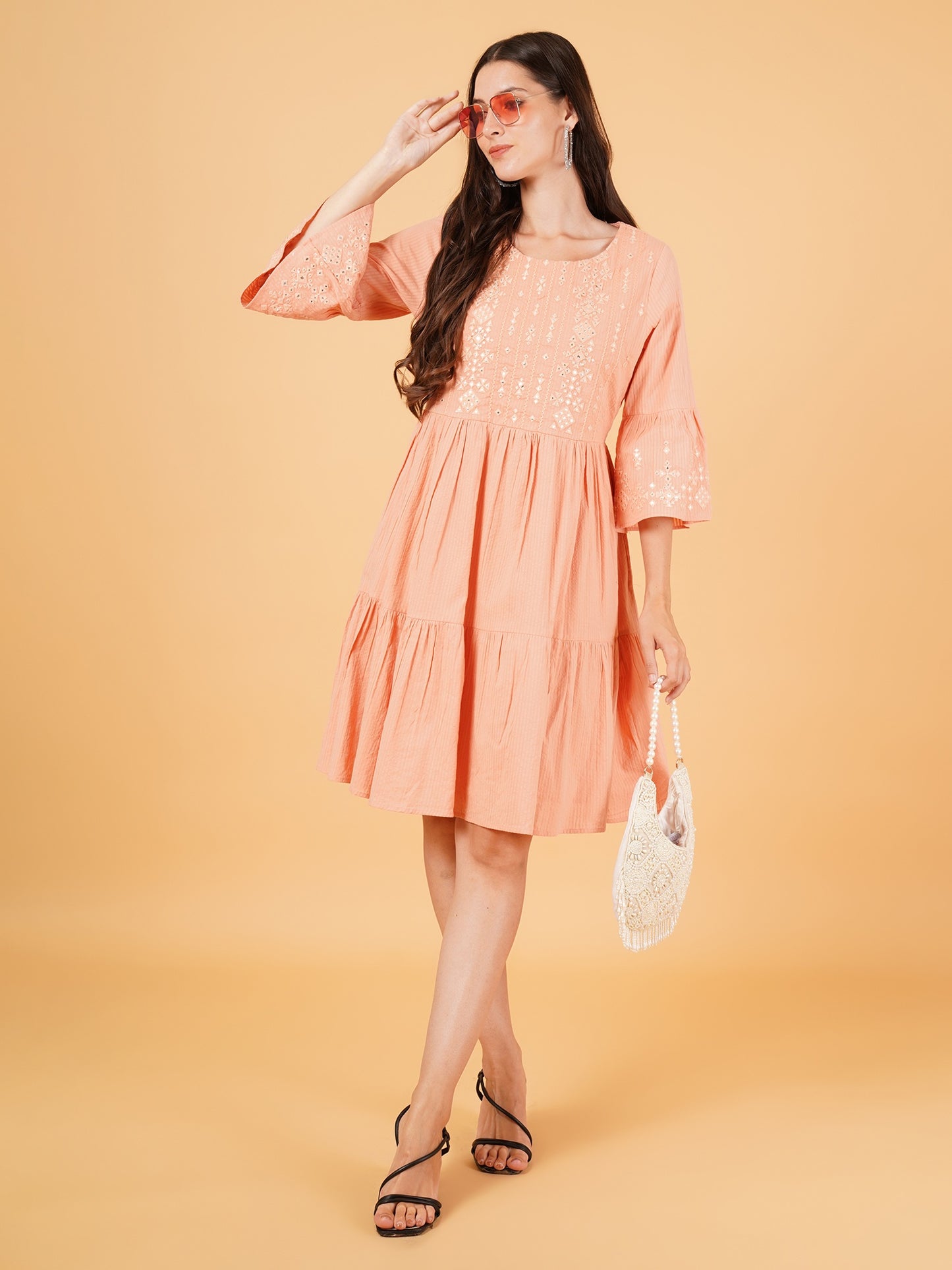 Women Pink Embroidered Frill Sleeves A-Line Dress