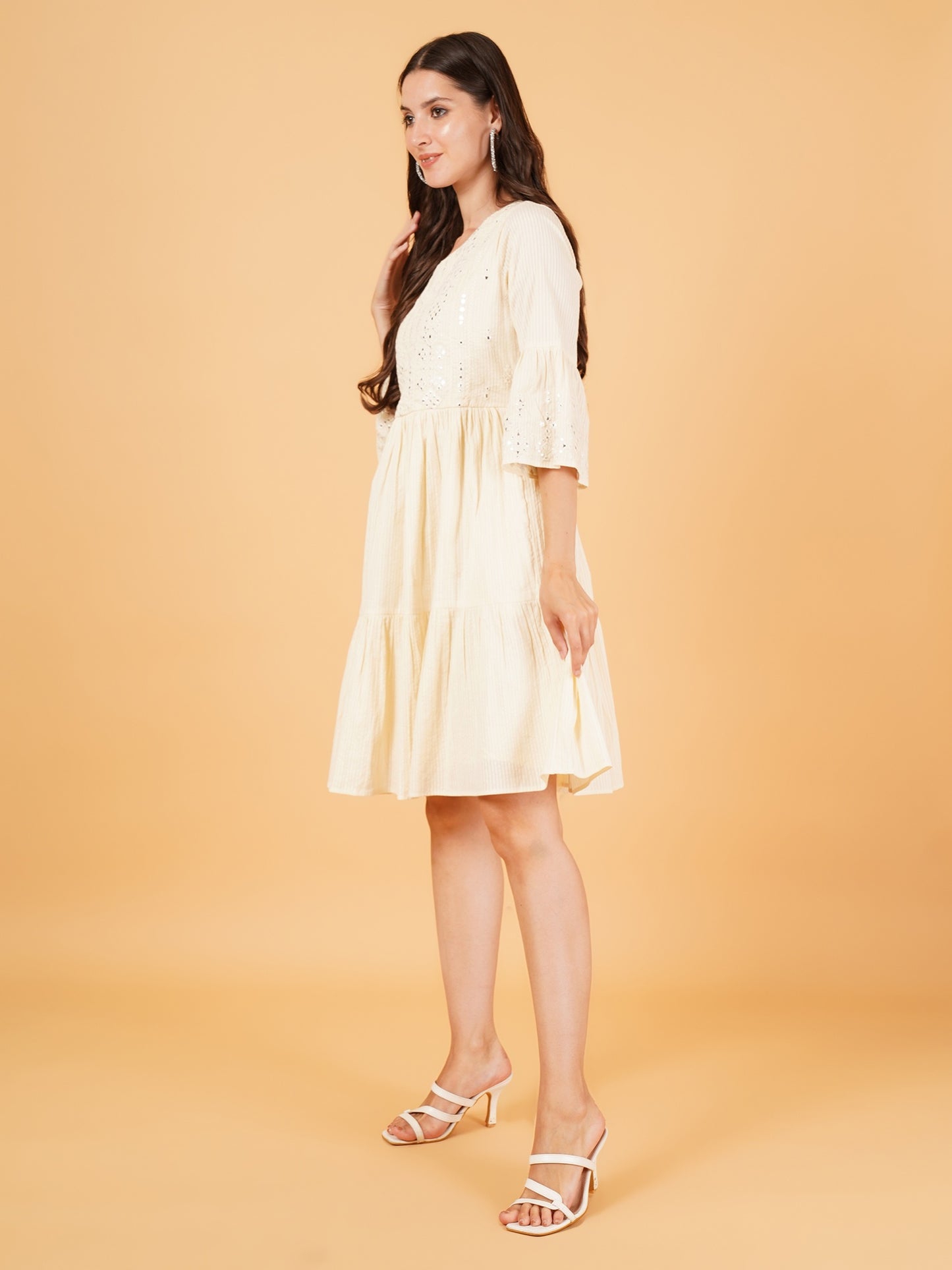 Women Off White Embroidered Frill Sleeves A-Line Dress