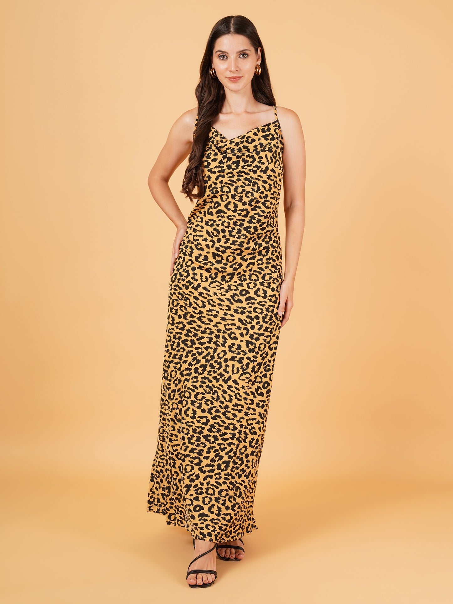 Women Black & White Leopard Print Shoulder Strap Maxi Dress