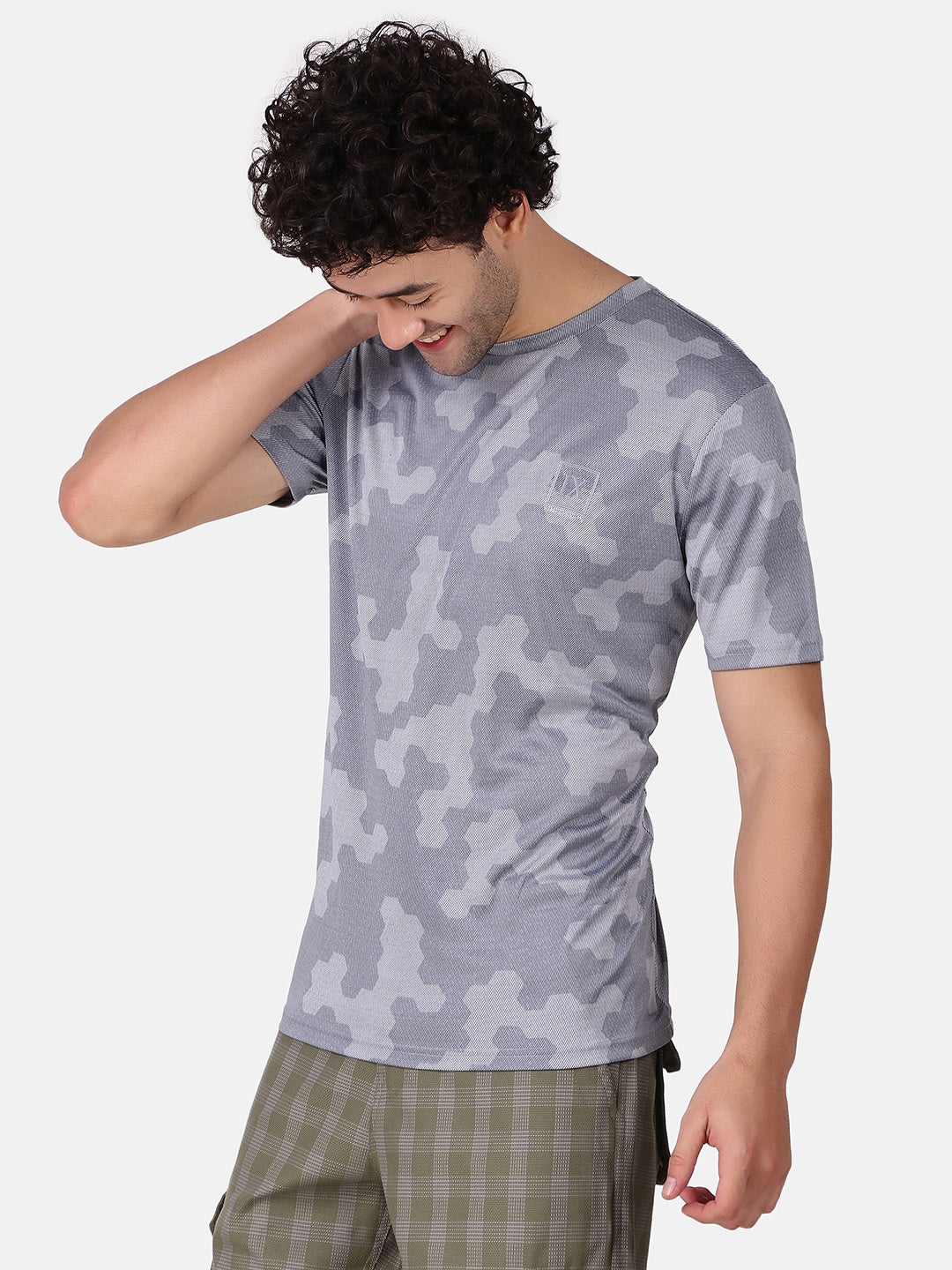 Men Grey Printed Sports T-Shirt