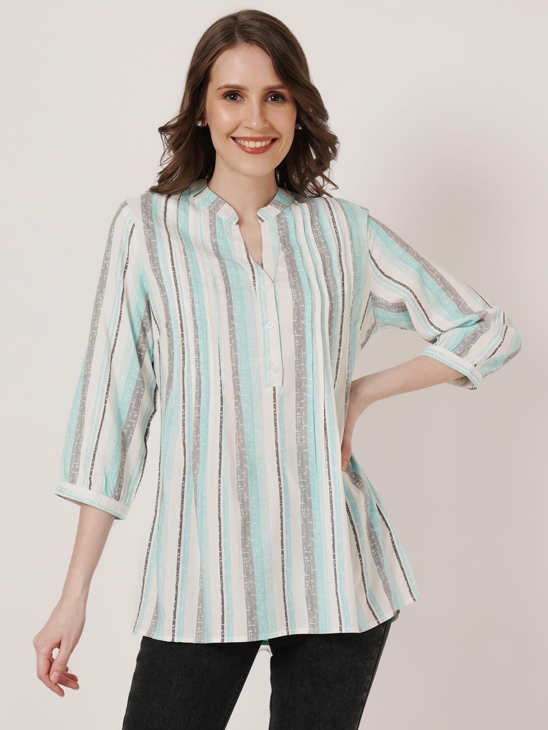 Women White & Grey Striped Mandarin Collar Pleated Kurti