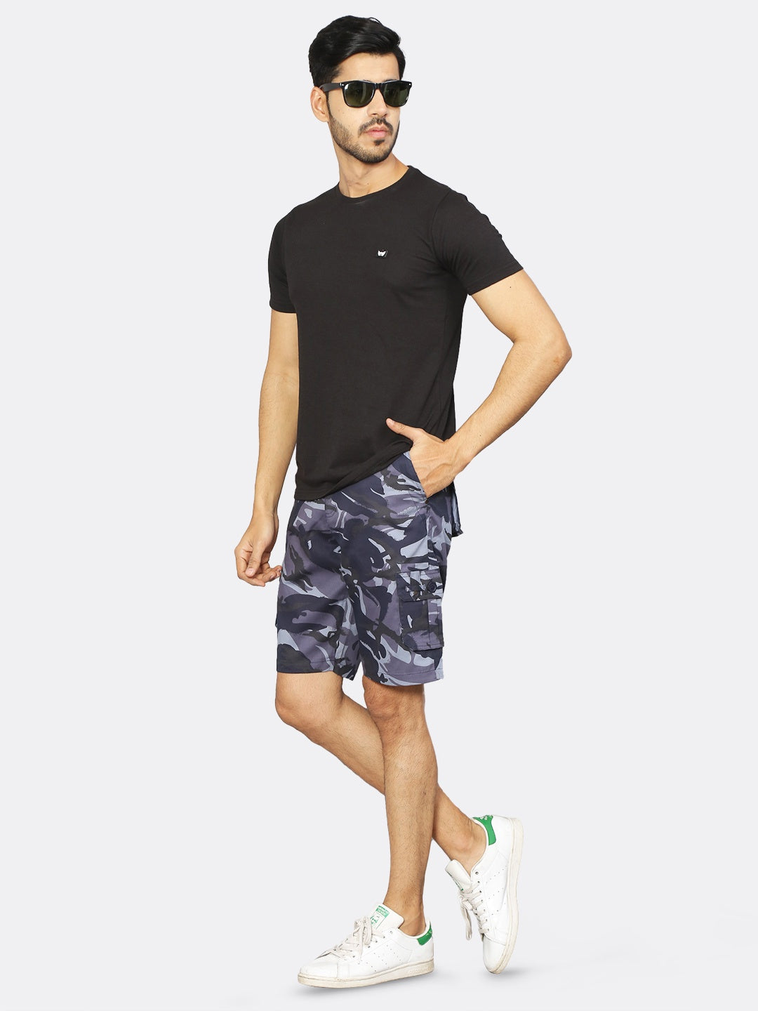 9 Impression Men Black Camouflage Printed Regular Fit Organic Cotton Cargo Shorts