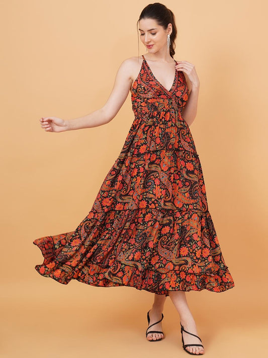 Women Black & Red Leaf Print Fit & Flare Dress