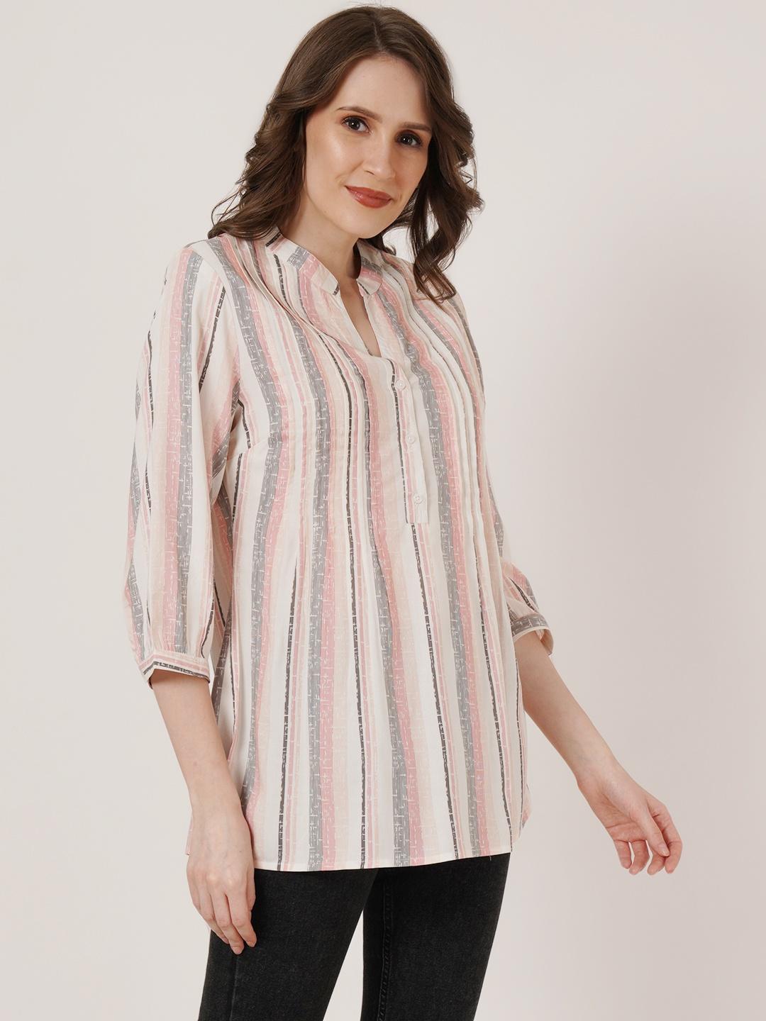 Women White & Pink Striped Mandarin Collar Pleated Kurti