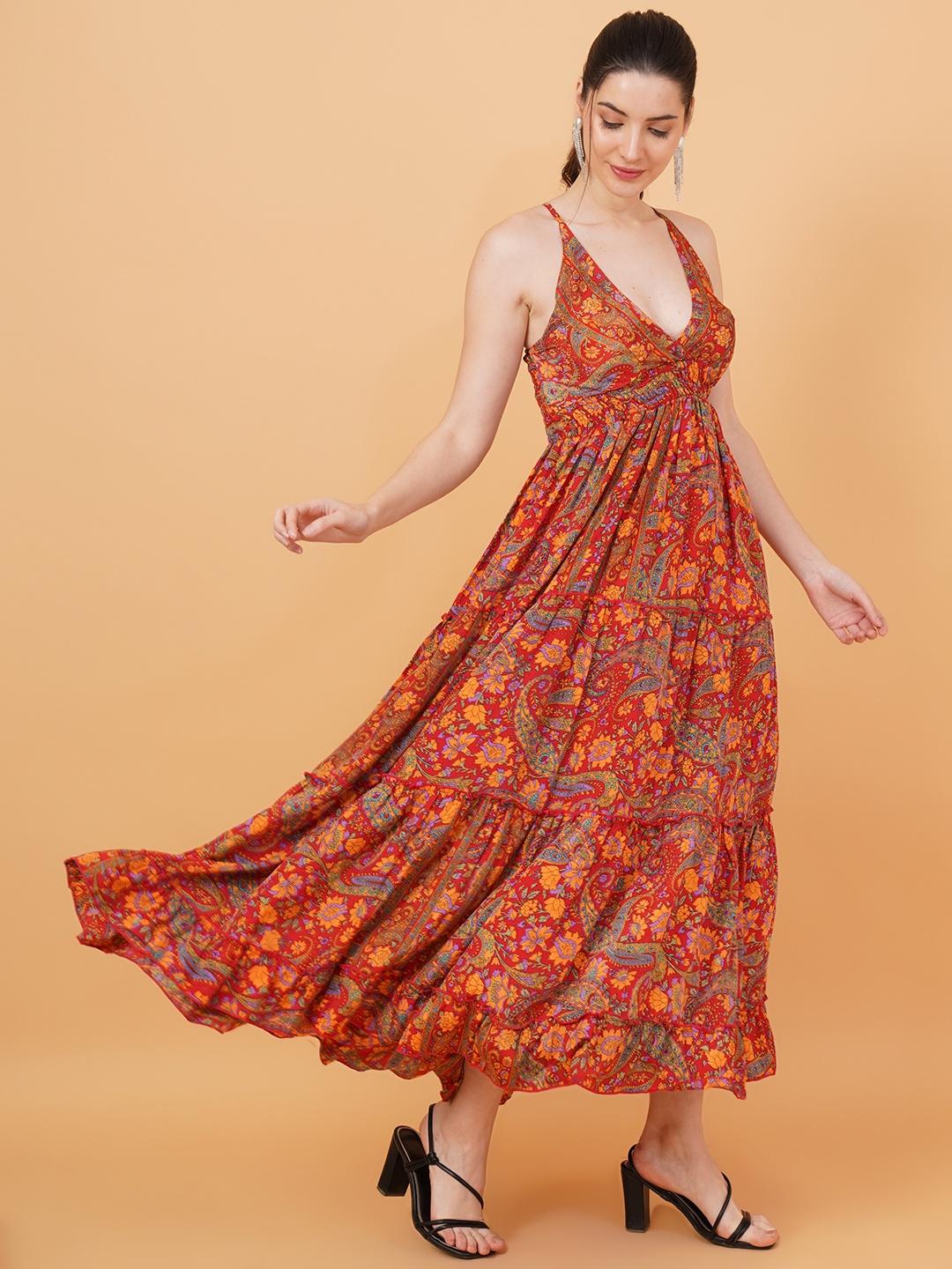 Women Red & Orange Paisley Print Fit & Flare Dress