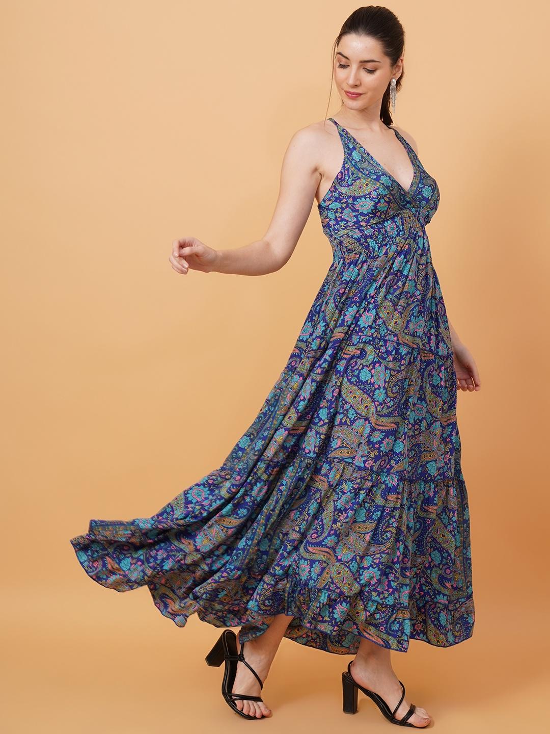 Women Royal Blue & Teal Leaf Print Fit & Flare Dress