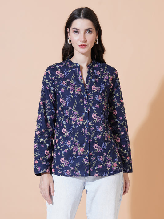 Women Blue Printed Flower Printed Blouse.