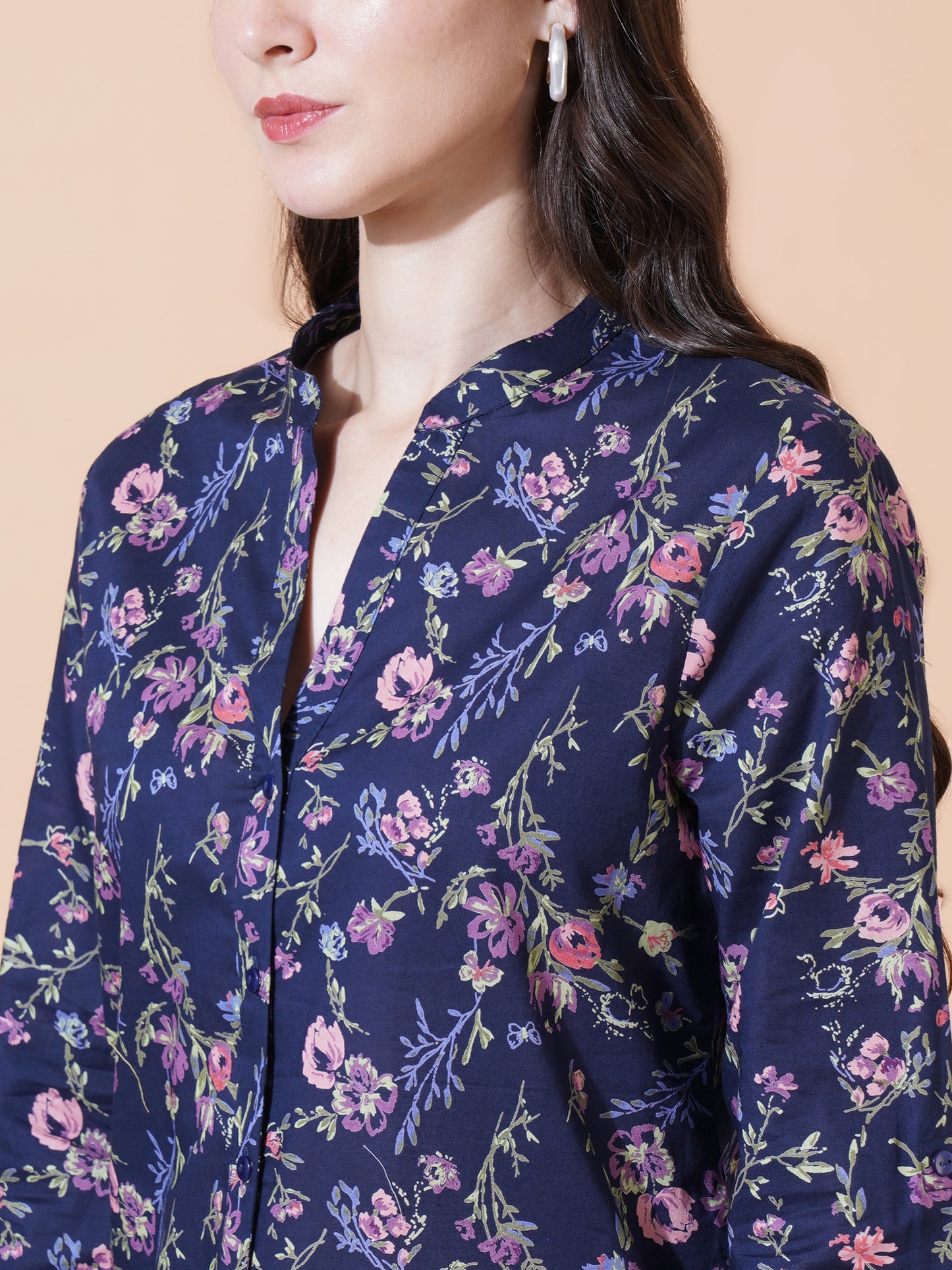 Women Blue Printed Flower Printed Blouse.