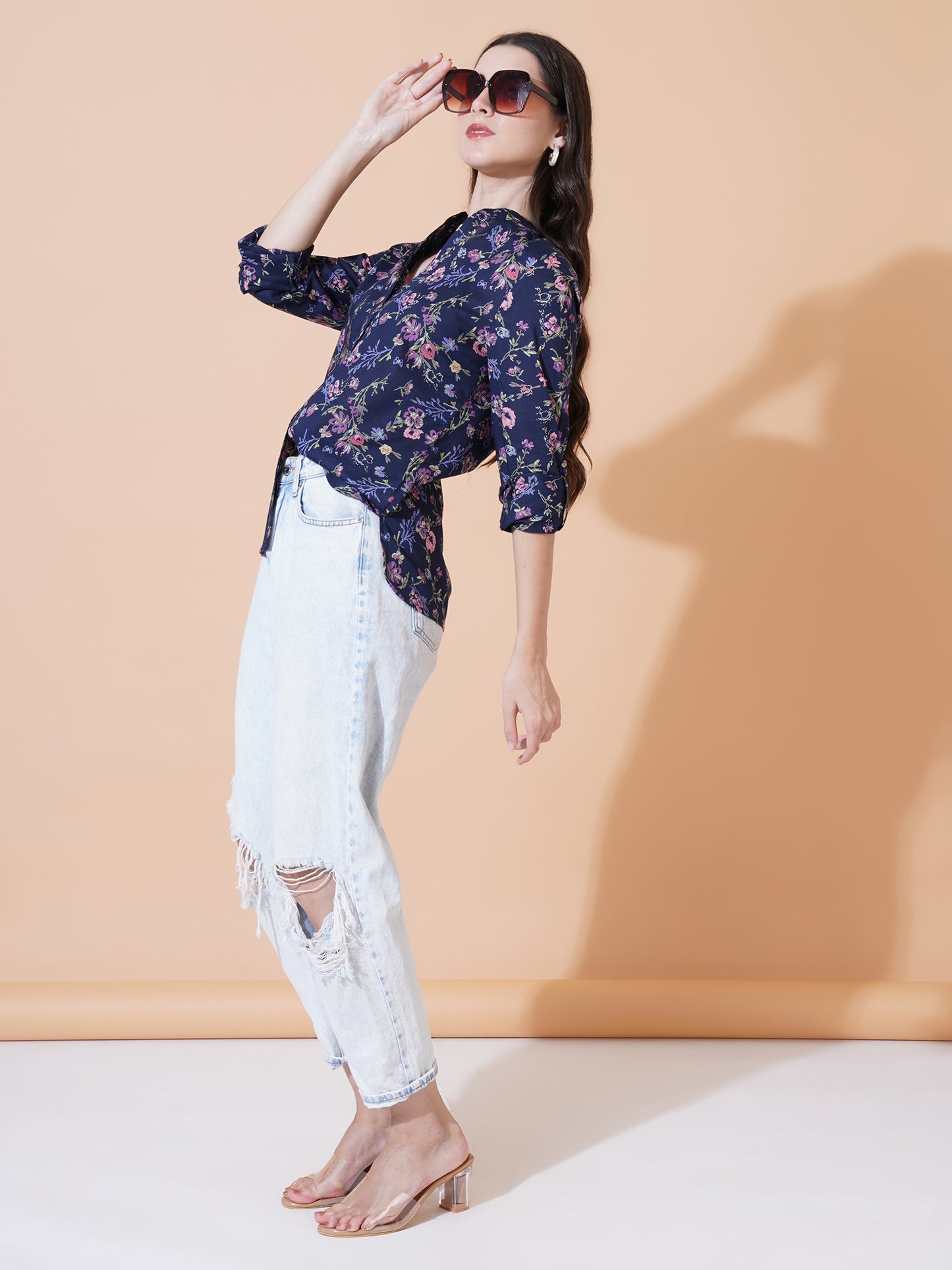 Women Blue Printed Flower Printed Blouse.