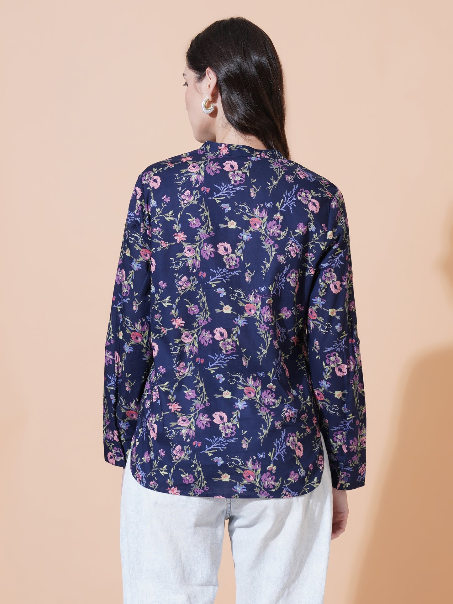 Women Blue Printed Flower Printed Blouse.