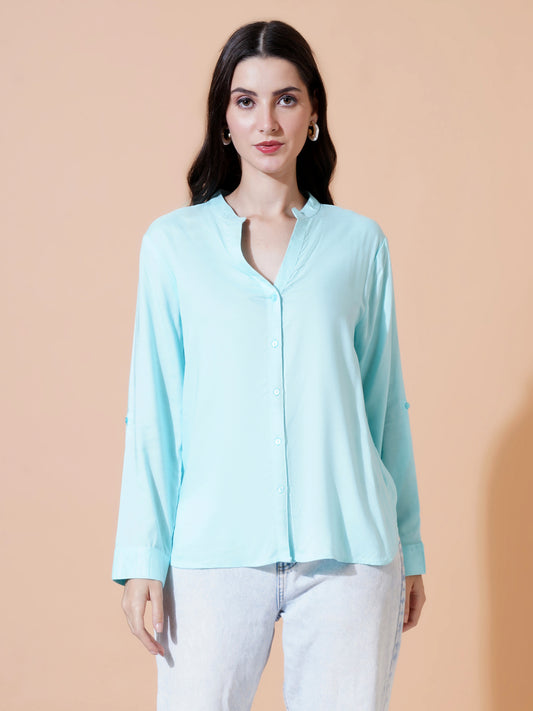 Women Light Blue Solid Button-Down Mandarin Collar Semi Formal Shirt