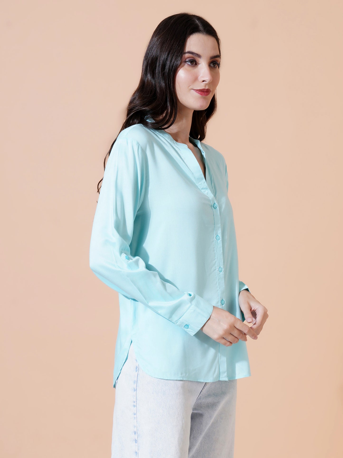 Women Light Blue Solid Button-Down Mandarin Collar Semi Formal Shirt