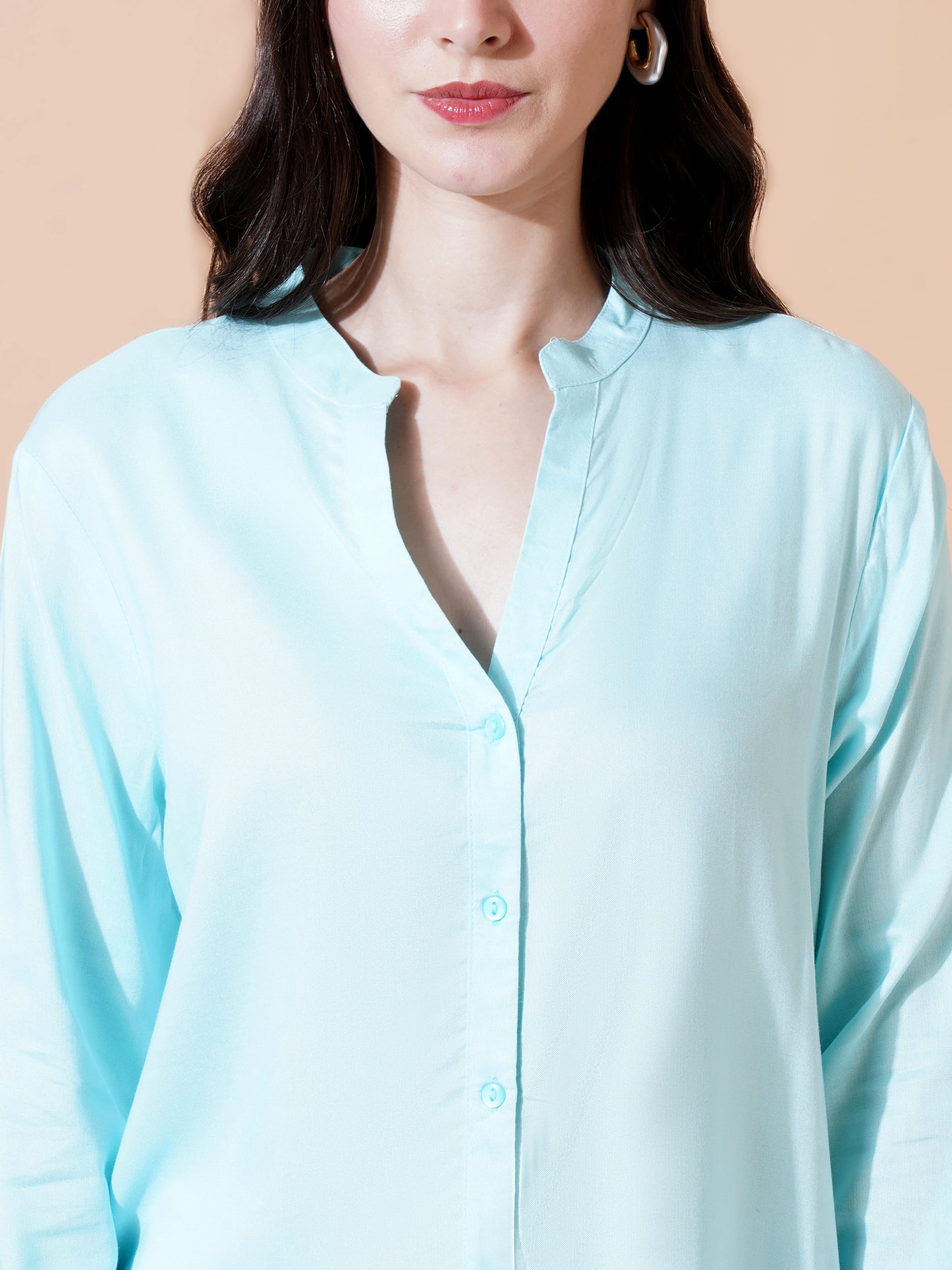 Women Light Blue Solid Button-Down Mandarin Collar Semi Formal Shirt