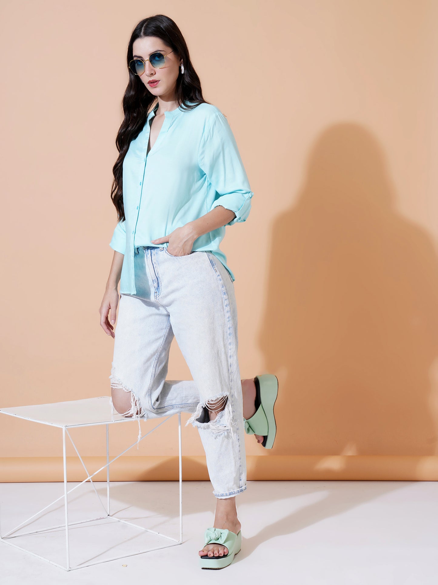 Women Light Blue Solid Button-Down Mandarin Collar Semi Formal Shirt