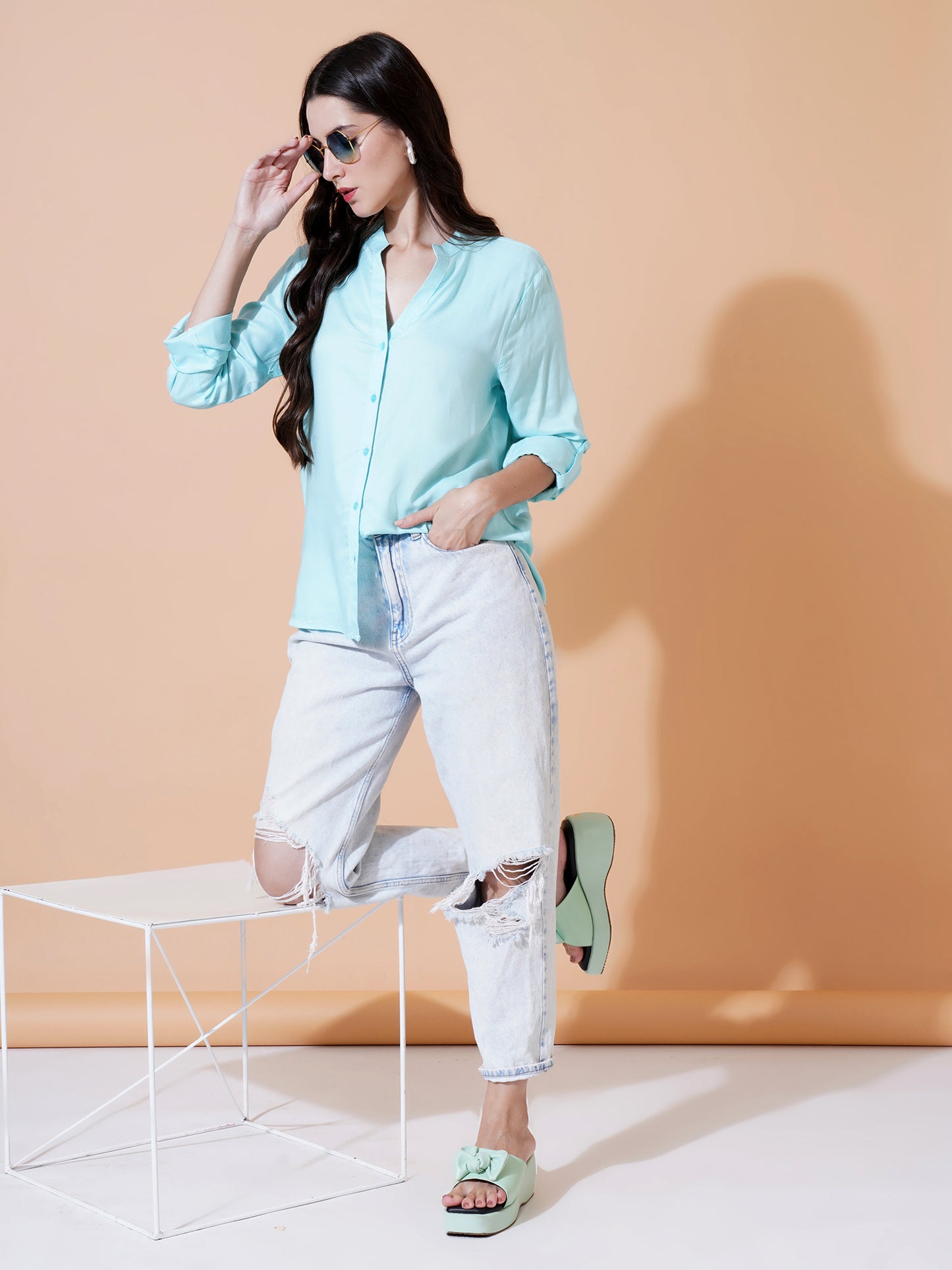 Women Light Blue Solid Button-Down Mandarin Collar Semi Formal Shirt