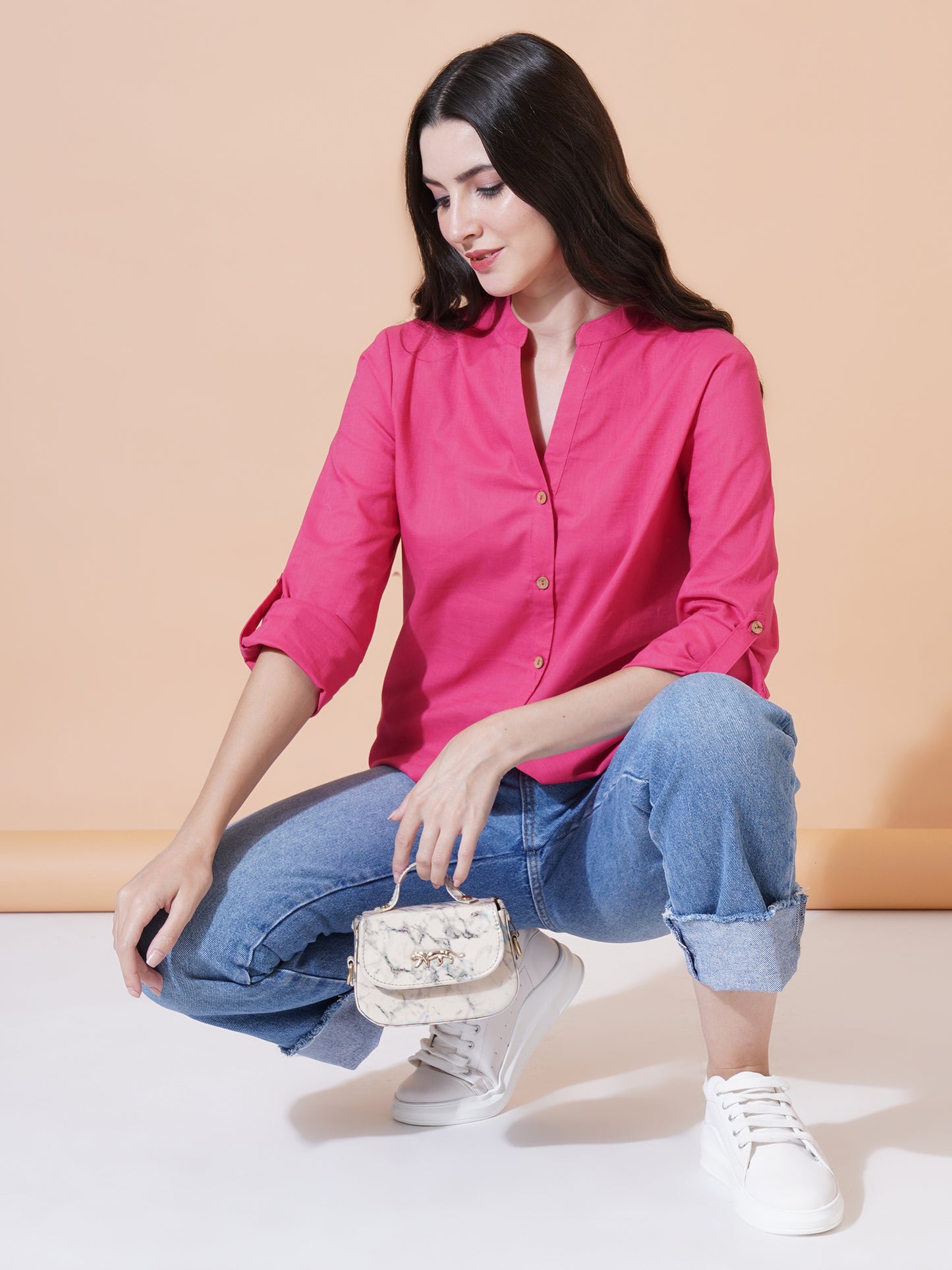 Women Magenta Solid Button-Down Mandarin Collar Oversized Semi Formal Shirt