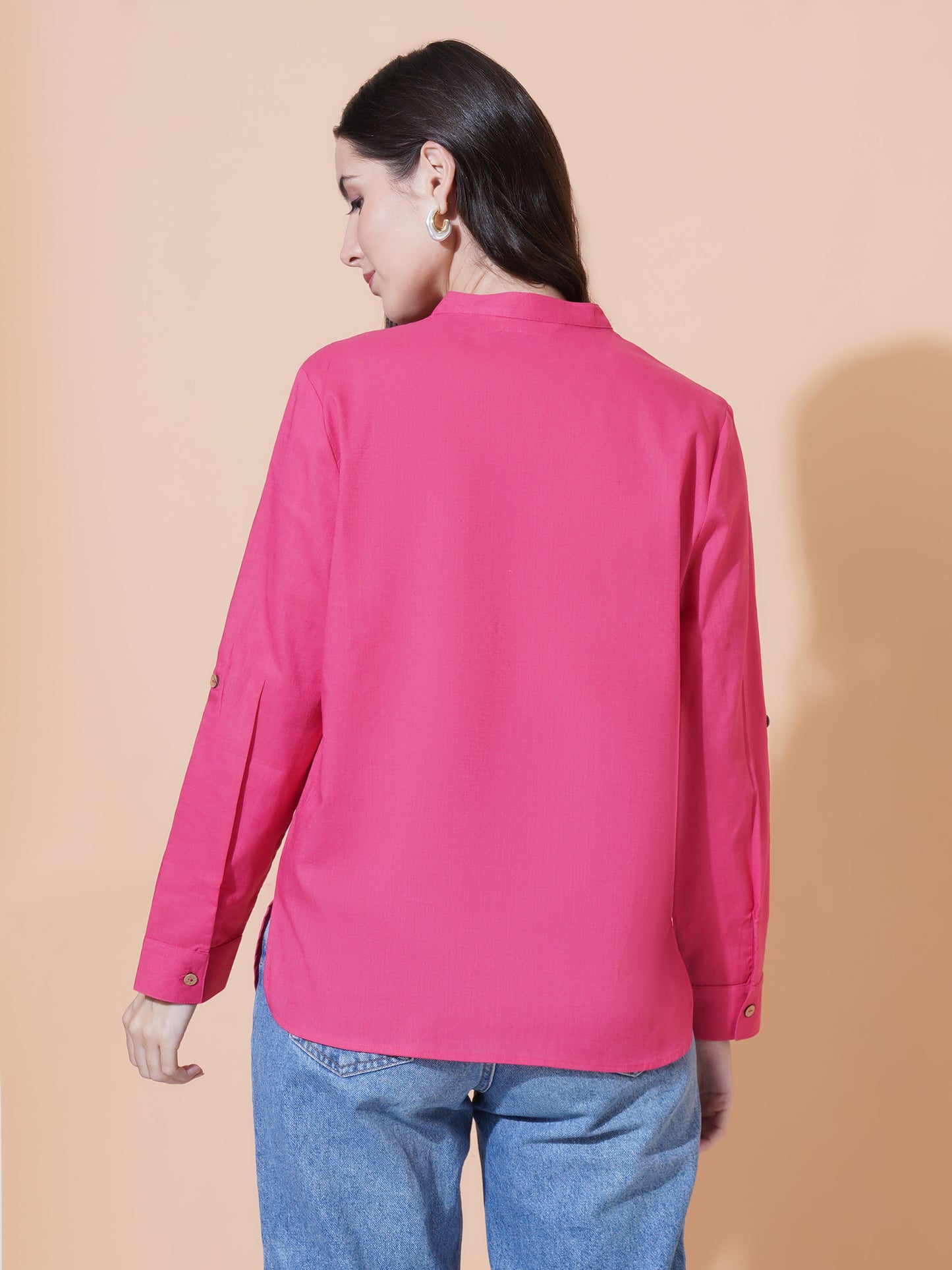 Women Magenta Solid Button-Down Mandarin Collar Oversized Semi Formal Shirt