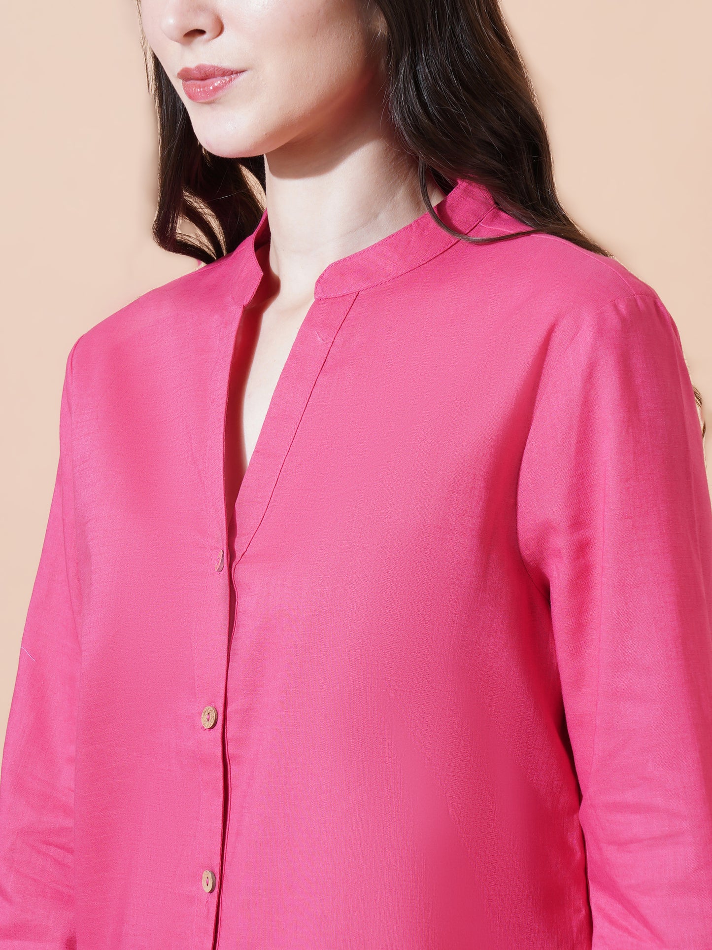 Women Magenta Solid Button-Down Mandarin Collar Oversized Semi Formal Shirt