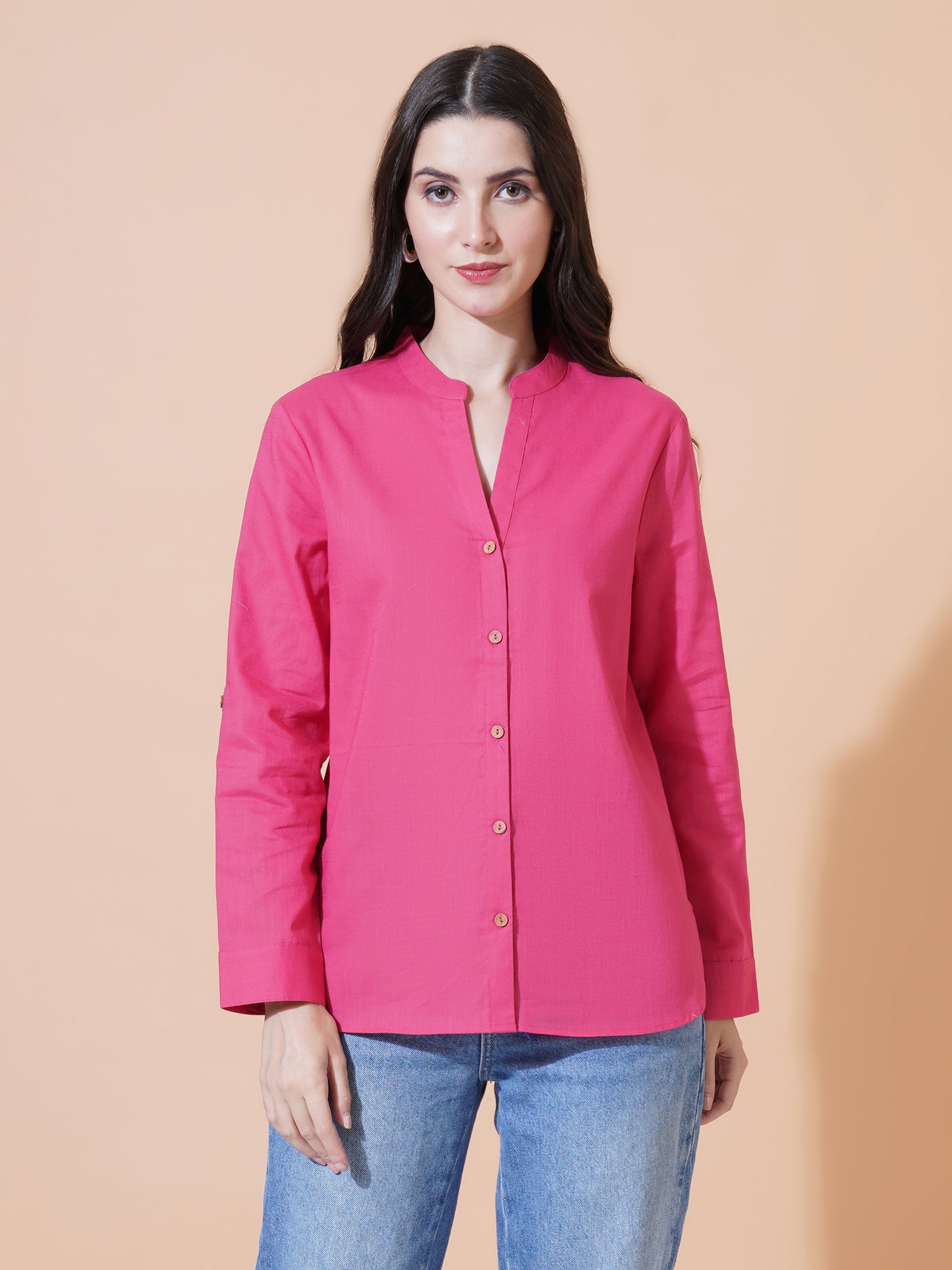 Women Magenta Solid Button-Down Mandarin Collar Oversized Semi Formal Shirt