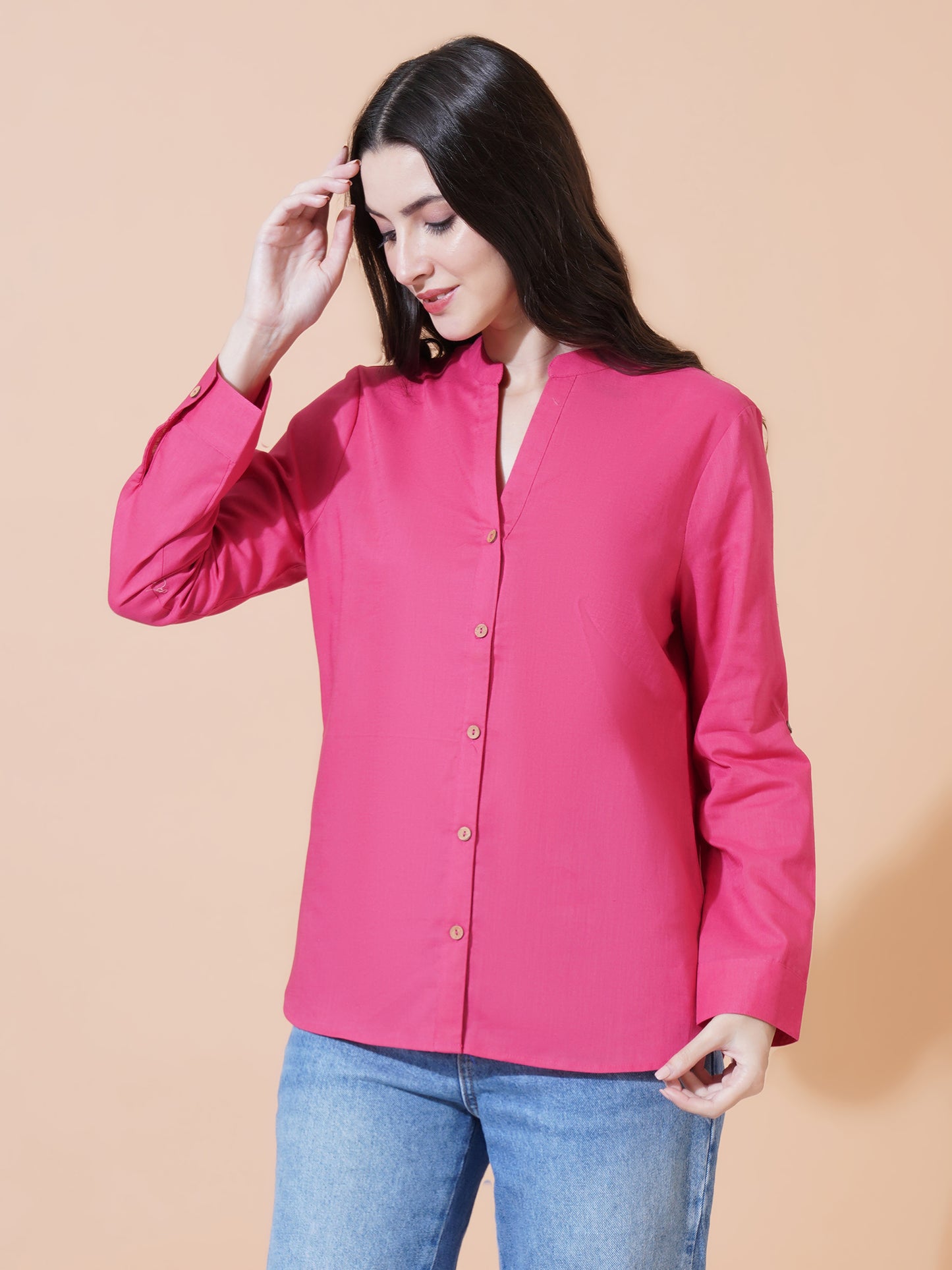 Women Magenta Solid Button-Down Mandarin Collar Oversized Semi Formal Shirt