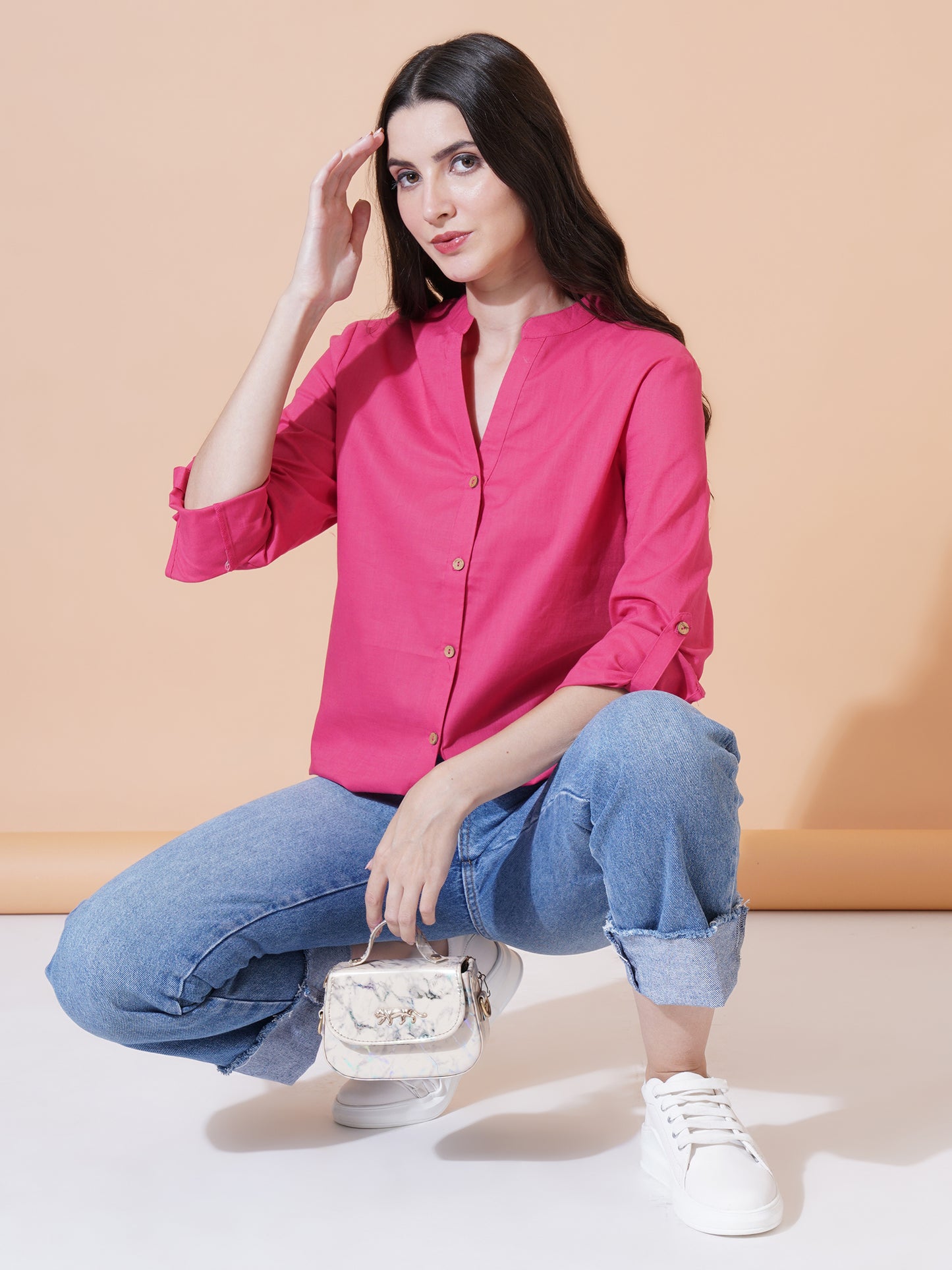 Women Magenta Solid Button-Down Mandarin Collar Oversized Semi Formal Shirt