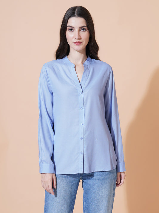 Women Blue Solid Button-Down Mandarin Collar Oversized Semi Formal Shirt