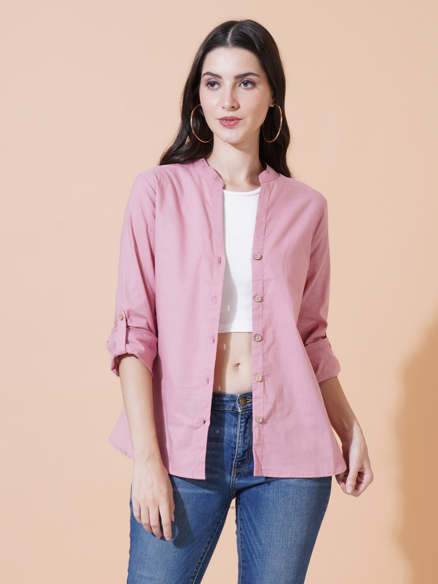 Women Pink Solid Button-Down Mandarin Collar Oversized Semi Formal Shirt