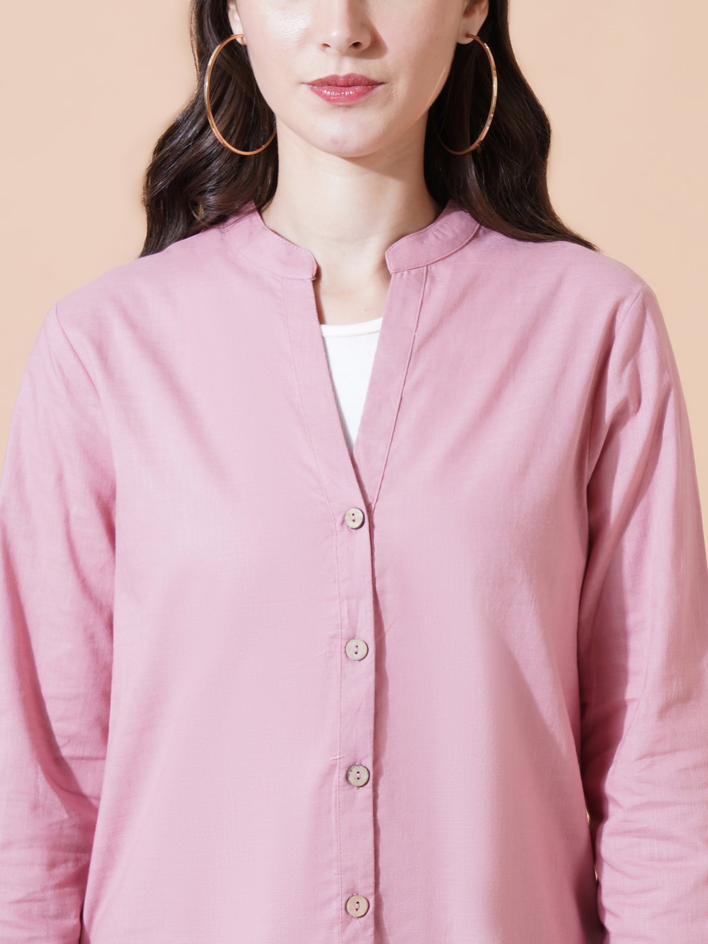 Women Pink Solid Button-Down Mandarin Collar Oversized Semi Formal Shirt