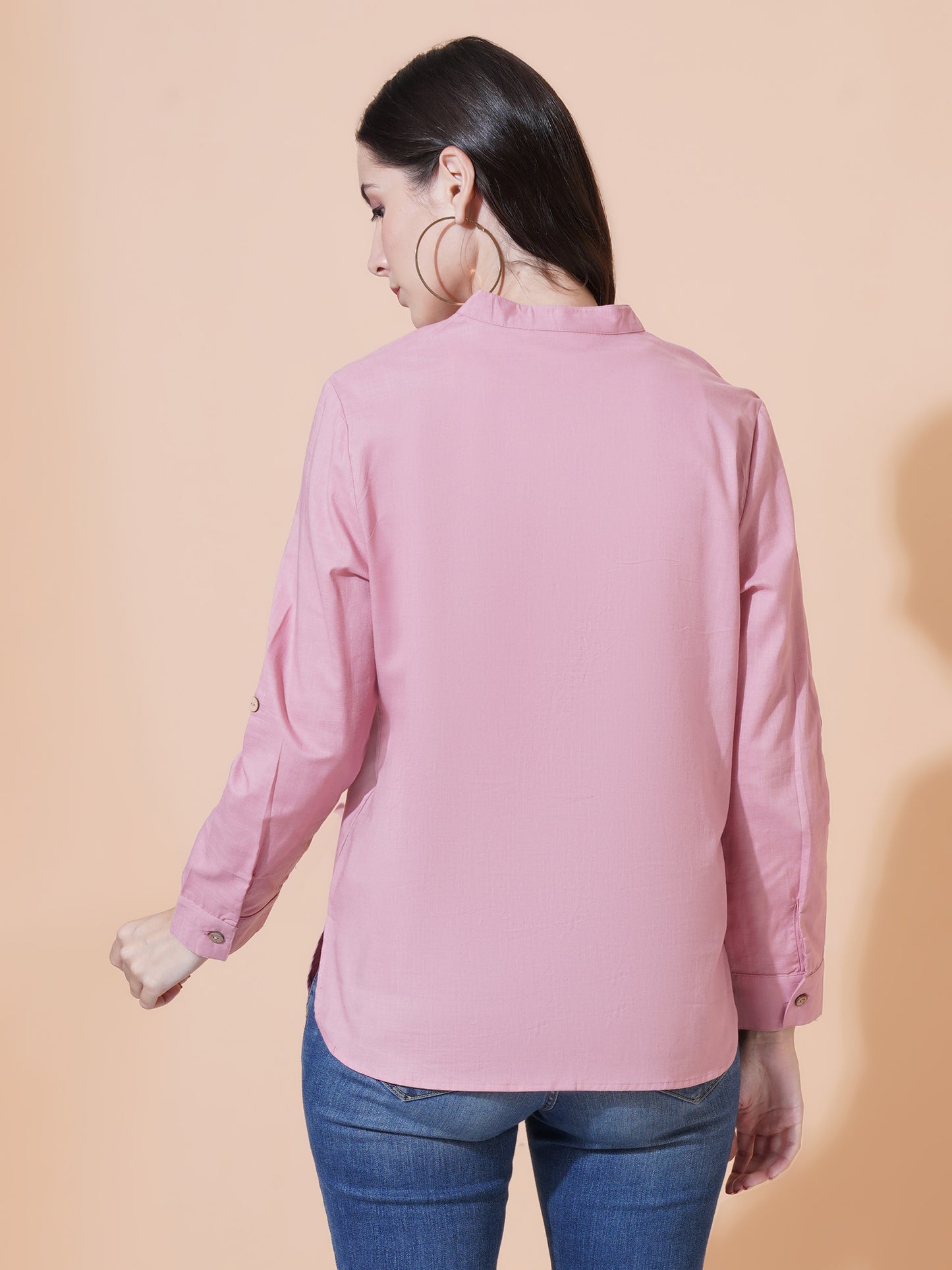 Women Pink Solid Button-Down Mandarin Collar Oversized Semi Formal Shirt