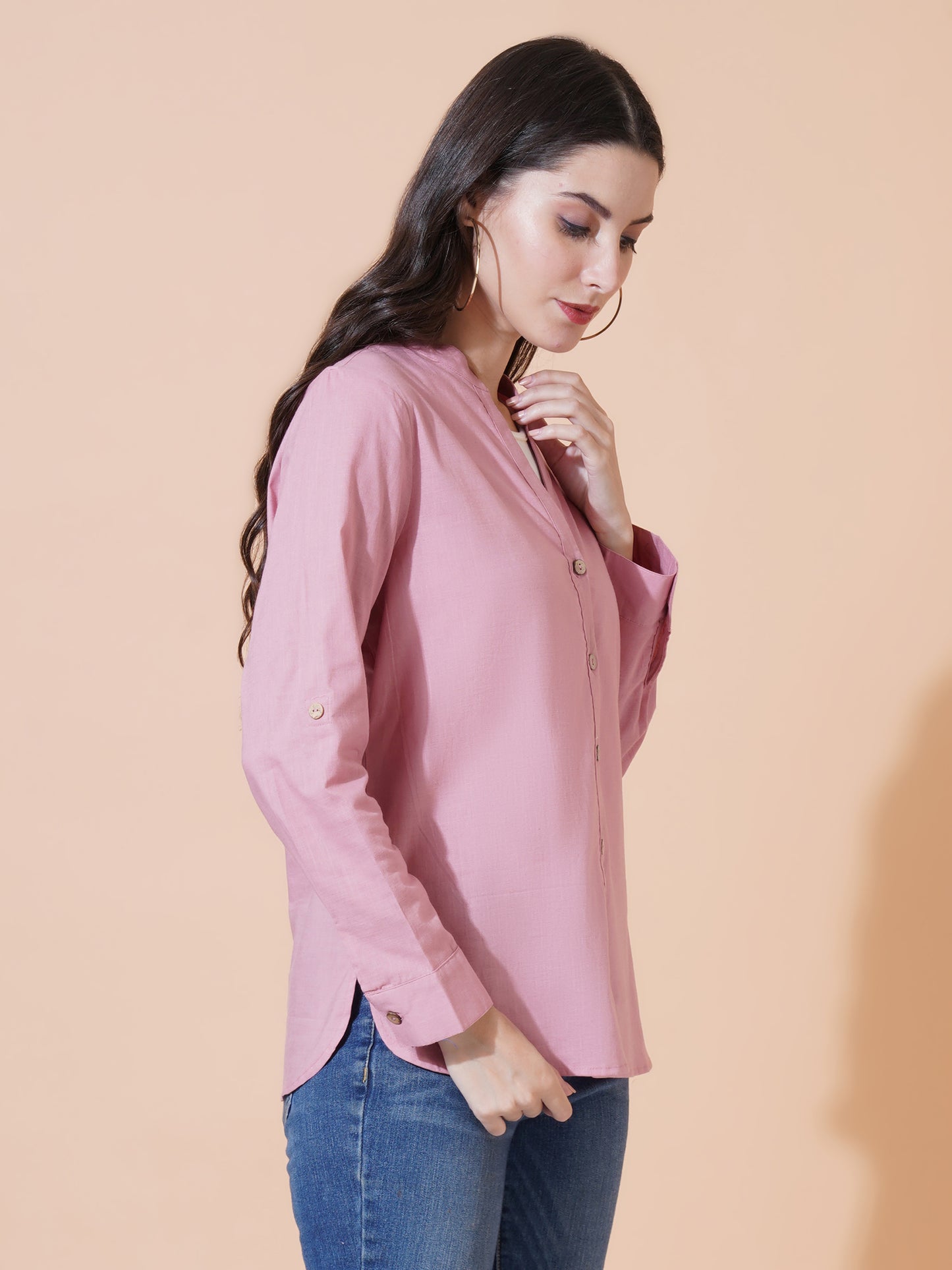 Women Pink Solid Button-Down Mandarin Collar Oversized Semi Formal Shirt