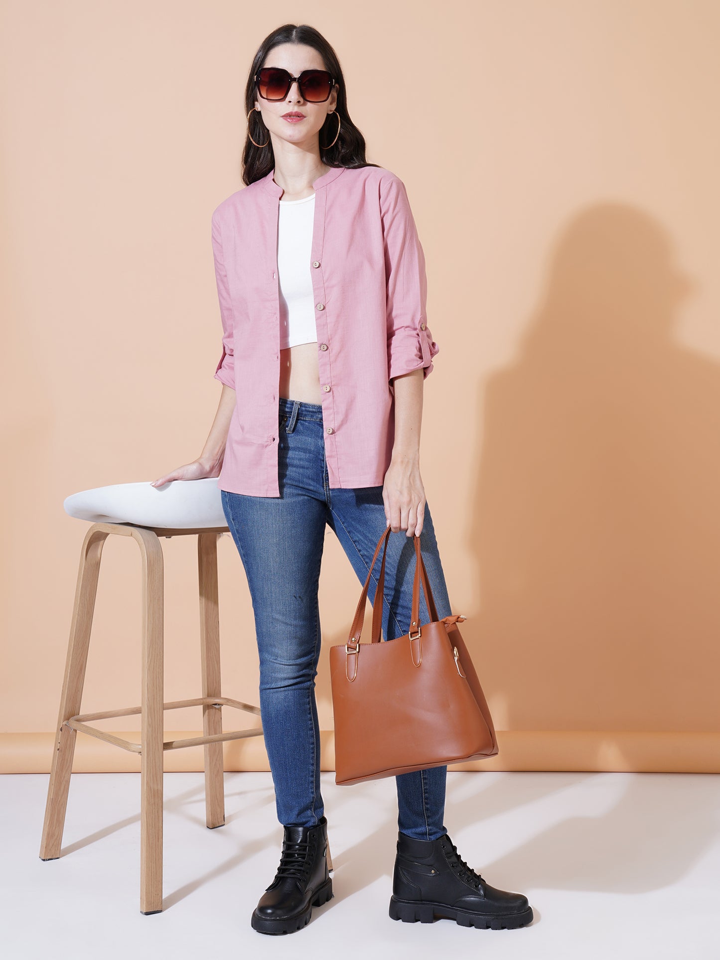 Women Pink Solid Button-Down Mandarin Collar Oversized Semi Formal Shirt