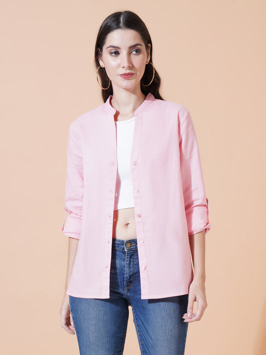 Women Light Pink Solid Button-Down Mandarin Collar Oversized Semi Formal Shirt