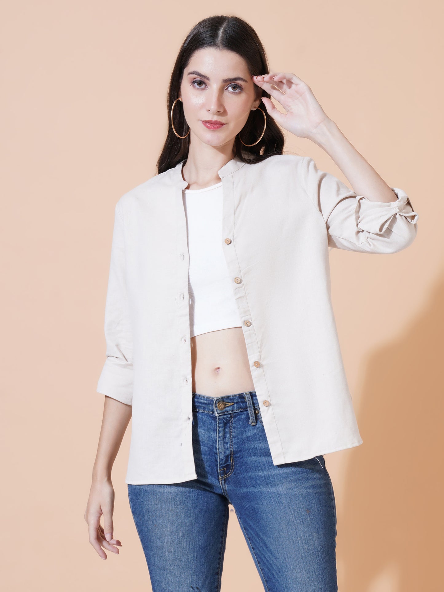 Women Beige Solid Button-Down Mandarin Collar Oversized Semi Formal Shirt