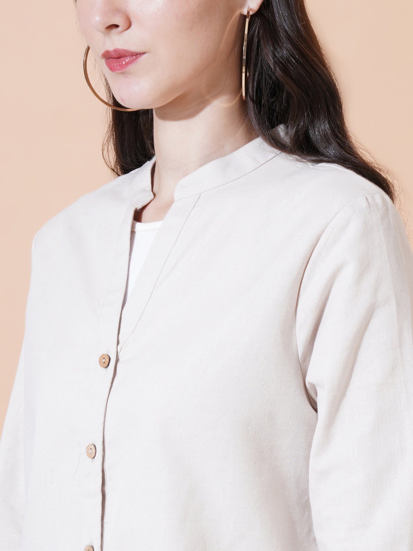 Women Beige Solid Button-Down Mandarin Collar Oversized Semi Formal Shirt