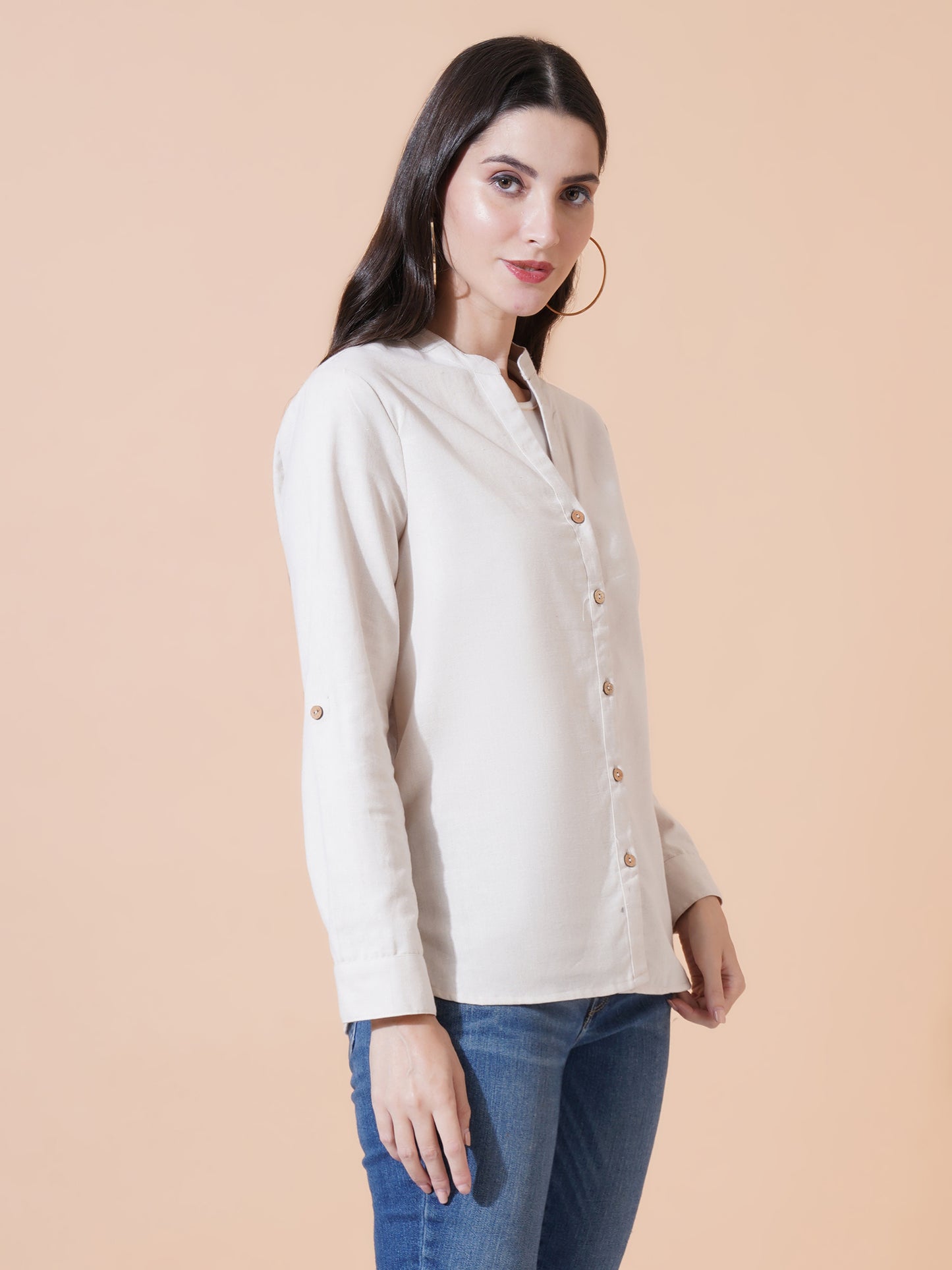 Women Beige Solid Button-Down Mandarin Collar Oversized Semi Formal Shirt