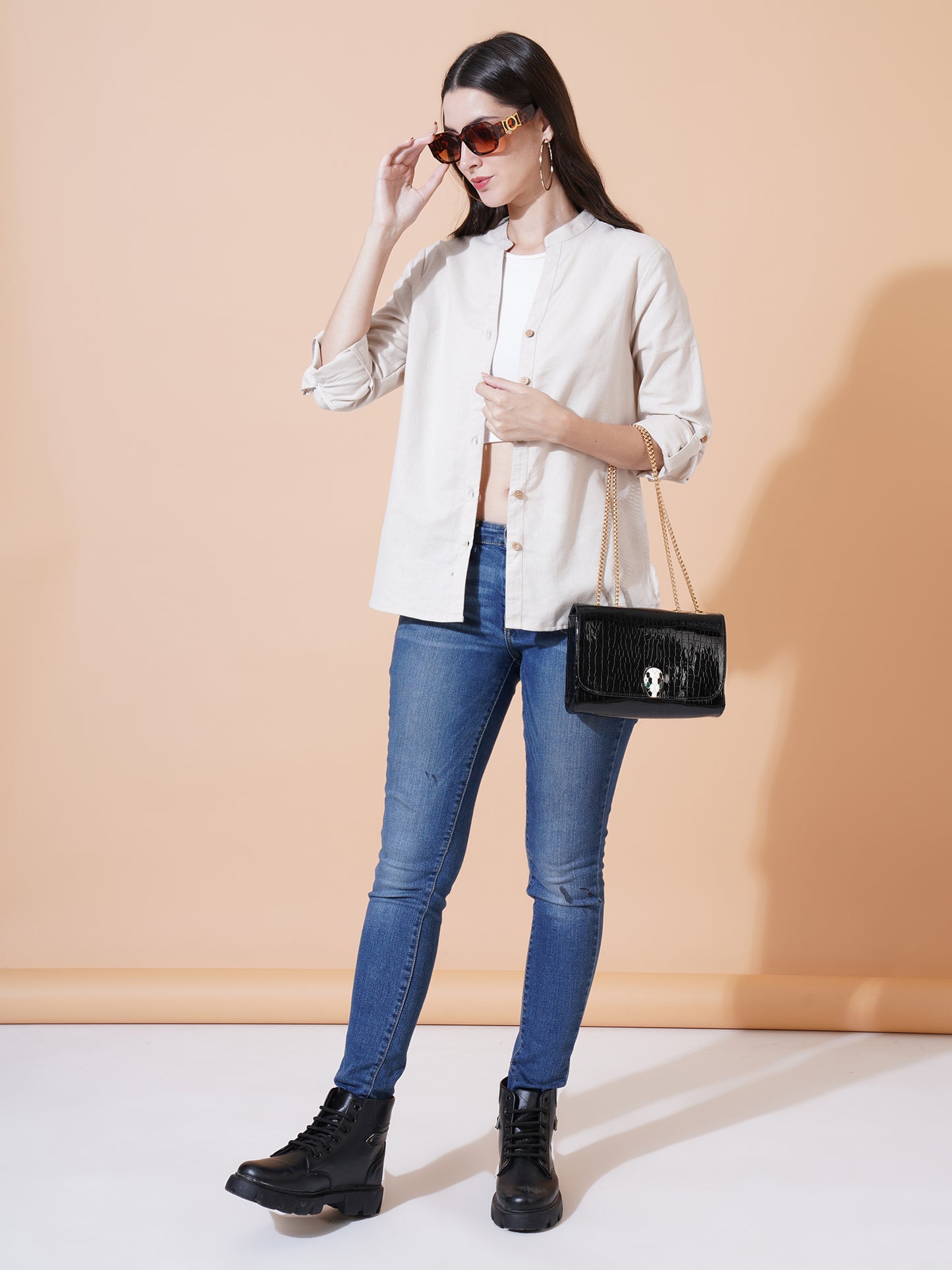 Women Beige Solid Button-Down Mandarin Collar Oversized Semi Formal Shirt