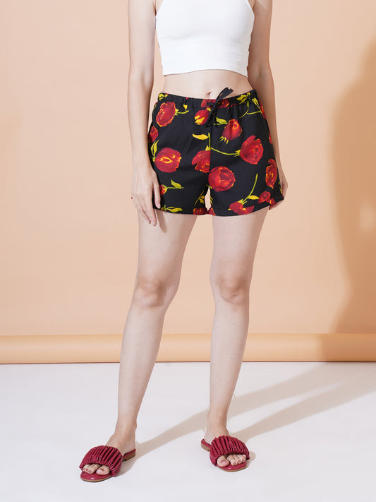 Women Black & Red Floral Print Shorts