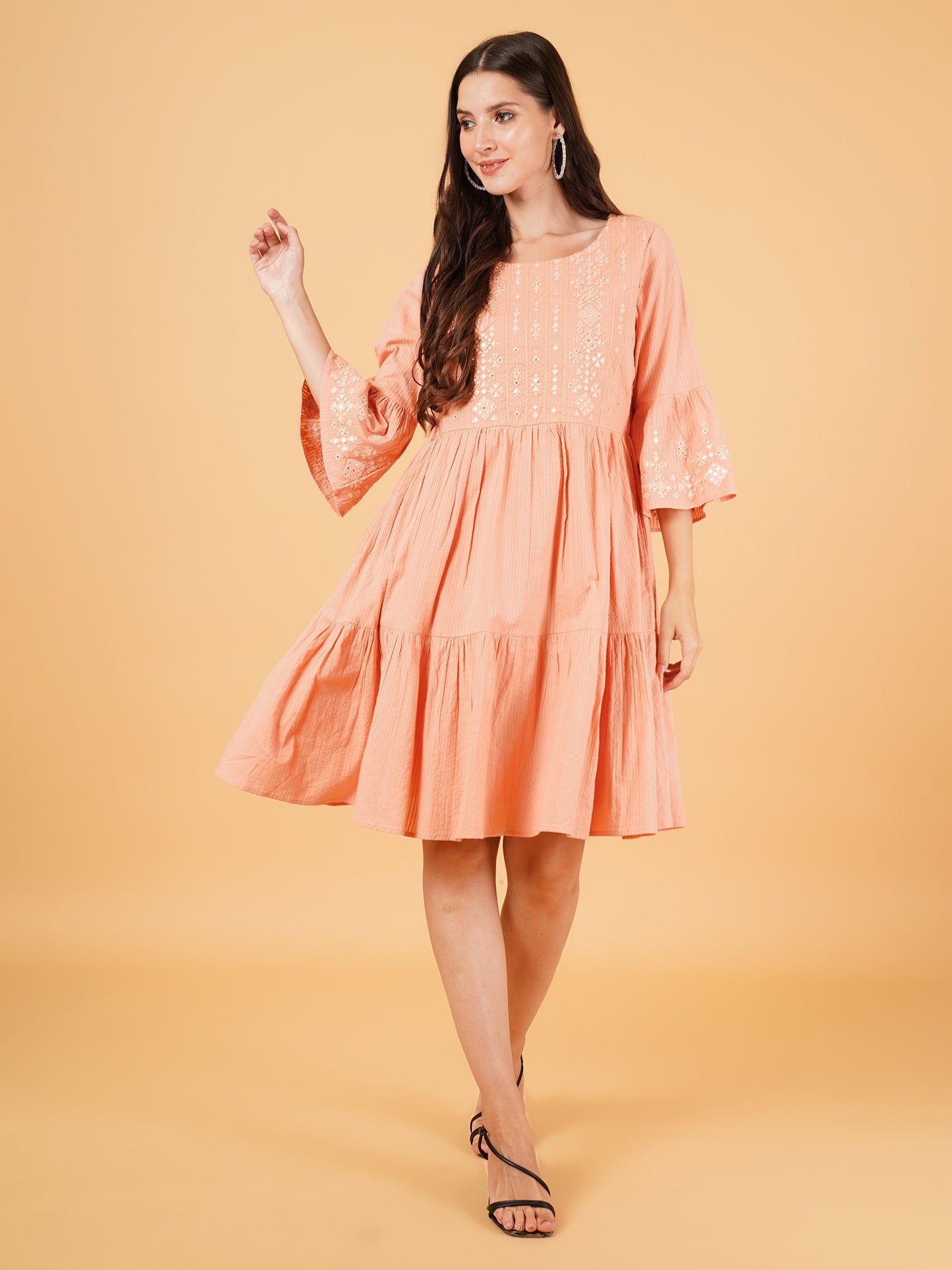 Women Pink Embroidered Frill Sleeves A-Line Dress