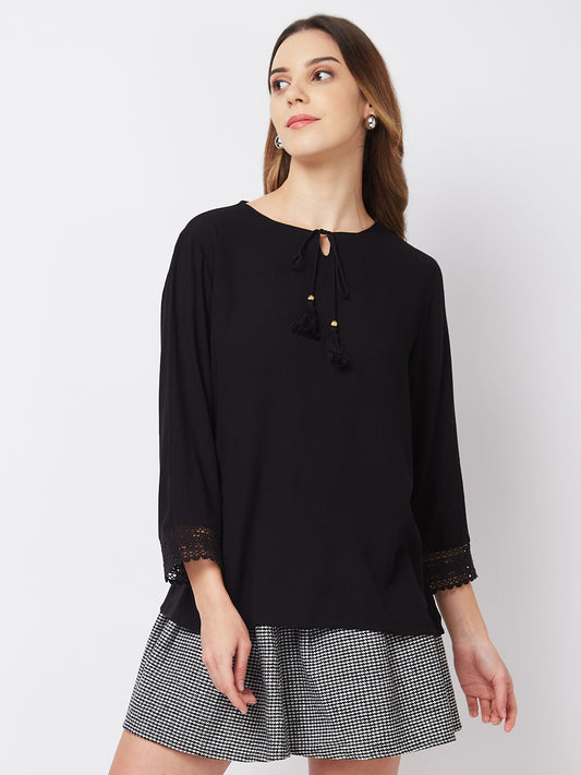 Chic Black Lace Tie-Up Neck Top for Women