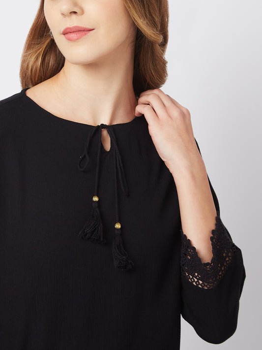 Chic Black Lace Tie-Up Neck Top for Women