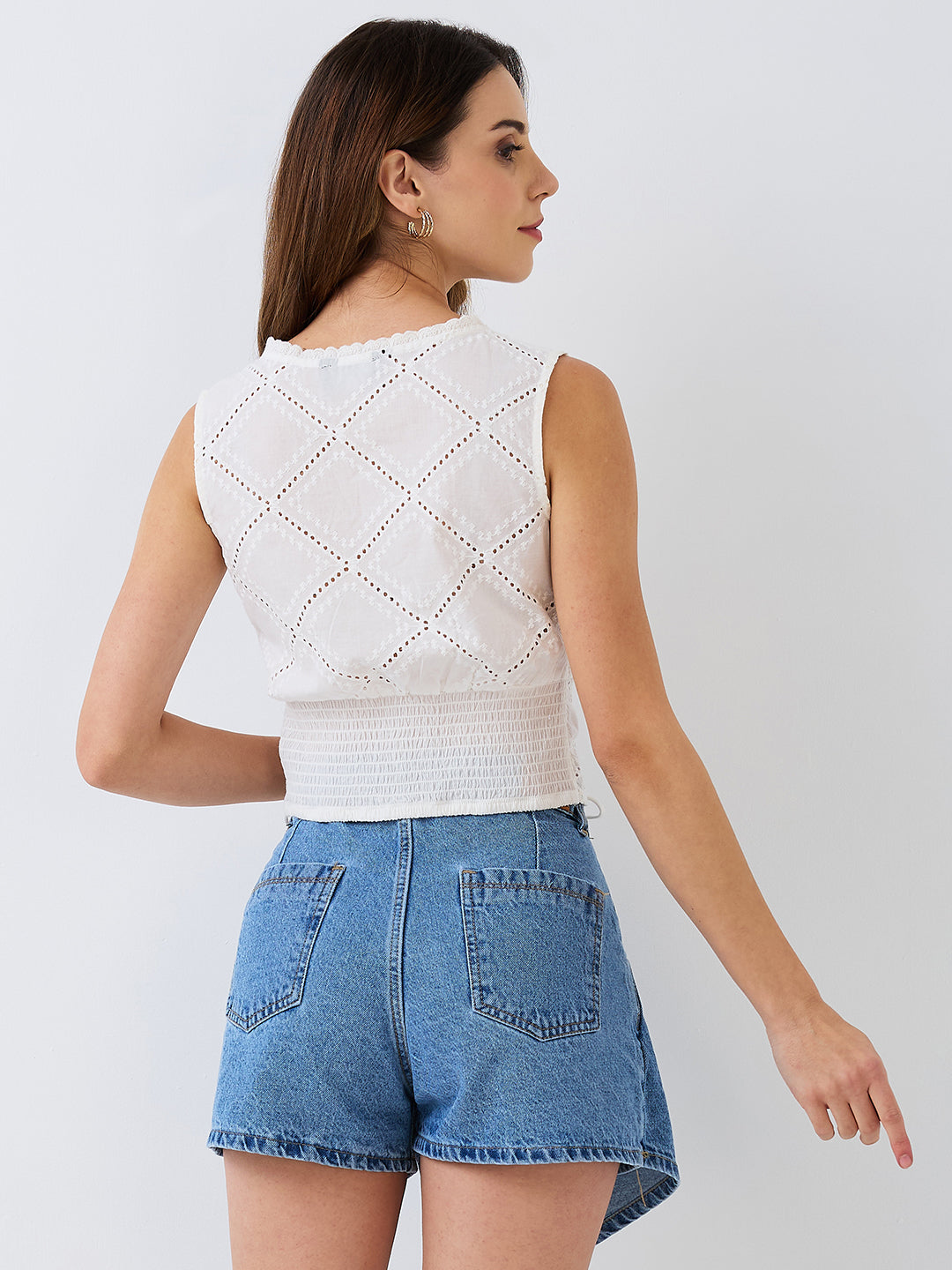 Women White Cotton Schiffli Sleeveless Crop Top