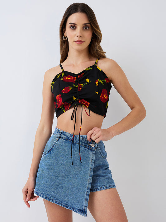 Women Red & Black Floral Print Shoulder Strap Smocked Crop Top