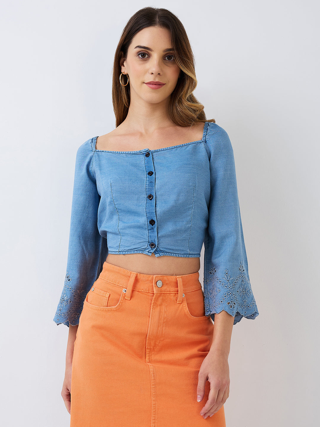 Blue Denim Schiffli Crop Top