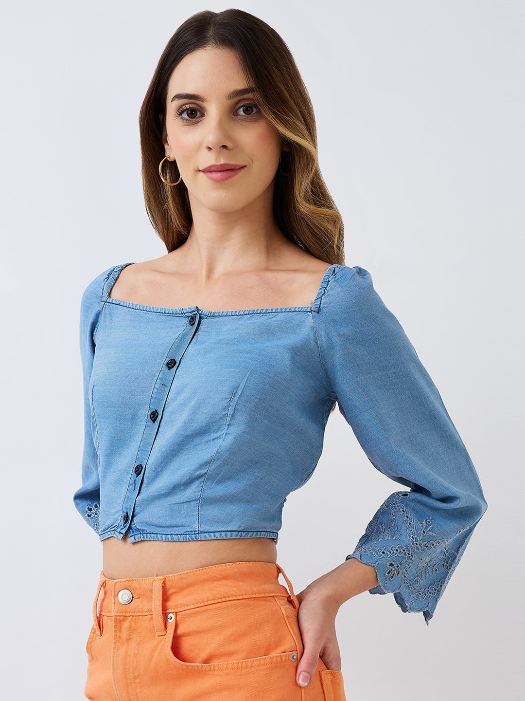 Blue Denim Schiffli Crop Top